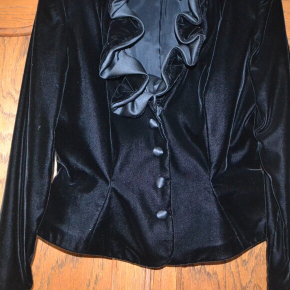 Vintage AFTER FIVE Black Velvet Blazer Jacket Formal Ruffle Jacket Size 10 - Picture 3 of 10
